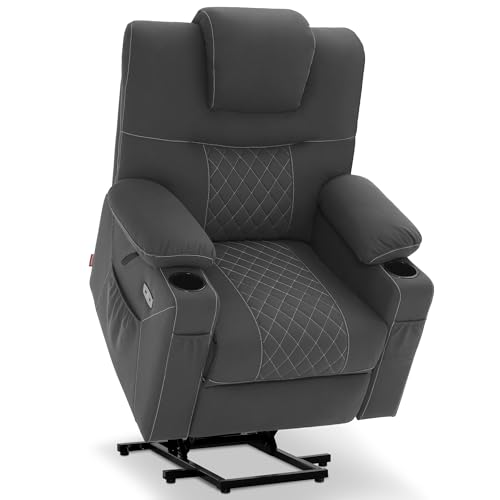 M MCombo Fernsehsessel mit Aufstehhilfe elektrisch, 2 Motoren, Rückenlehne & Beinstütze getrennt verstellbar，Relaxsessel, Massagesessel mit Wärmefunktion 7565 (Mikrofaser, Dunkelgrau-weiß)
