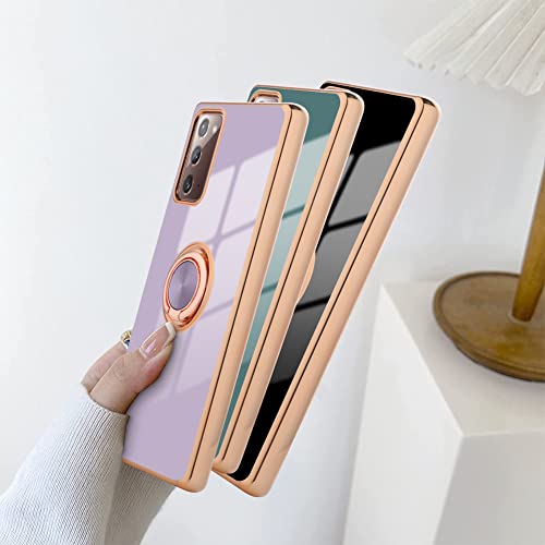 Sakuulo For Samsung Galaxy Note 20 Case With 360° Rotation Magnetic Ring Kickstand Holder,Shiny Plating Gold Edge Soft Slim Shockproof +Screen Protector Protective Cover For Women Girls(Purple) #TOP4