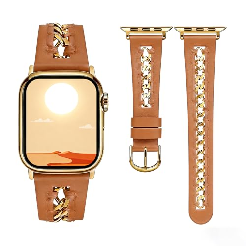 Image of HANDODO Italian Genuine Leather Band with gold chain details, Compatible with Apple Watch Series 11 10 9 8 7 6 5 4 3 2 1 SE SE2 Ultra 2 /3, SGS Certified Fashion Dressy Strap for women men
