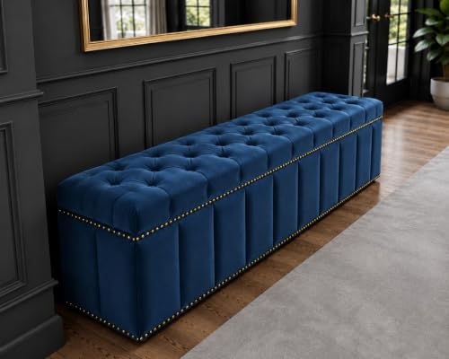 Image of Tufted Velvet Storage Ottoman Bench with Nailhead Trim (Blue) | Storage Ottoman bench