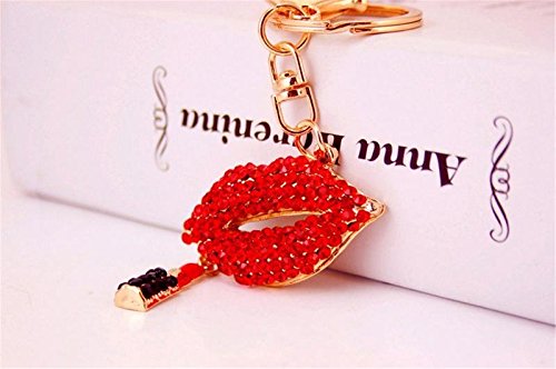 Axmerdal Red and Gold Lips & Lipstick Sparkling Charm w/Stones Elegant Keychain Pendant Measures 4.5 Inches w/Durable Key Ring & Clasp Cosmetic Fashion Bling Accessory for Keys/Purse/Bags