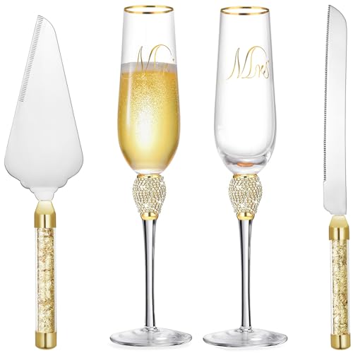 4 Pieces Wedding Toasting Flutes and Cake Server Set, Mr and Mrs Bride and Groom Champagne Flutes Glasses, Gold Cake Cutting Set for Wedding Anniversary Engagement Gifts