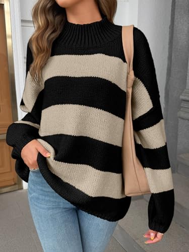 Saodimallsu Womens Oversized Striped Sweater Mock Neck Chunky Knit Lantern Long Sleeve Fall Trendy Tunic Sweaters Top2