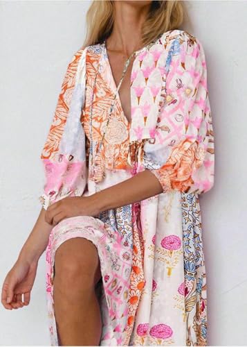 CHARTOU Women Boho Floral Printed Long Dress Summer Lantern Half Sleeve Beach Flowy Loose Swing Sundress3