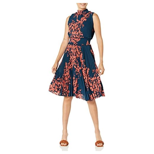 Nanette Nanette Lepore Women's Smocked High Neck Pleated Dress, Navy/Coral Print, 14