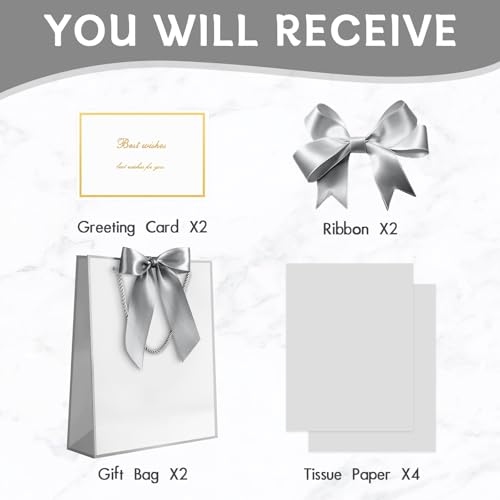 Image of JMANNI Gift Bag, 2PCS Gift Bags Large with Ribbon and 2 Greeting Cards 4 Tissue Paper, Portable Paper Gift Bag with Handles, Birthday Gift Bags,Present Bags for Wedding Party Mothers Day(White-Sliver)
