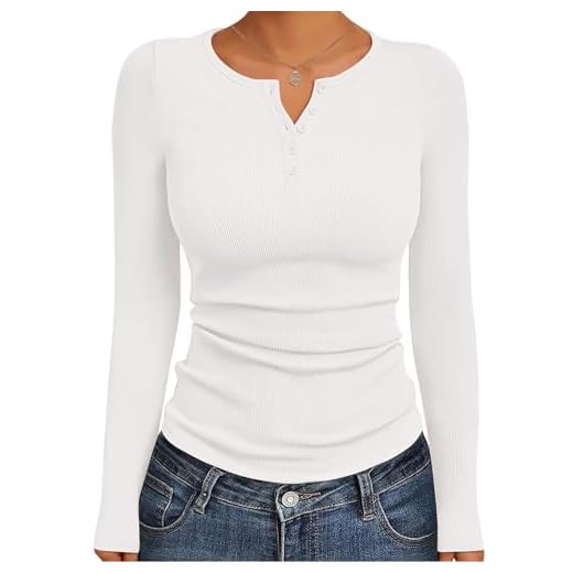 GLEENOD Langarmshirt Damen Elegant Basic Gerippte Oberteil Y2K Modernes T-Shirt Langarm Henley Shirt mit Knopfleiste