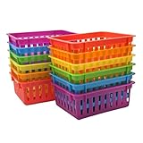 Odowalker 12 Pcs Plastic Classroom Storage Baskets, Small Storage Baskets Bins, Pencil Baskets, Colorful Organizer Basket for Pencils, Pens, Desk, Drawer, Home, Office, 5.35' L x 5.35' W x 2.36' H