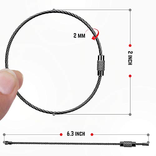 Metal Cable Key Ring Wire Durable Car Flexible Keychain Carabiner Large Keyrings Loop Luggage Tag (Asphalt, 4Pcs 2Mm 6,3") #TOP1