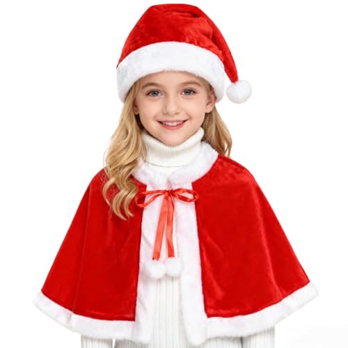 ITODA Cape de Princesse à Capuche Fille et Chapeaux de Noël Rouges Bonnets pour Enfants et Adultes Costumes de Noël Courts Châles Festif Velours pour Déguisement Cosplay,rouge,taille unique