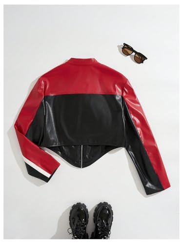 WDIRARA Women's Plus Size PU Leather Zip Up Crop Jackets Color Block Asymmetrical Long Sleeve Coat2