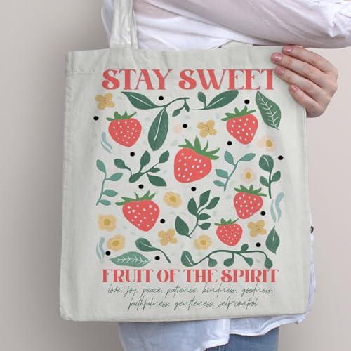Image of Stay Sweet Strawberry Tote Bag, Christian Strawberry Canvas Tote Bag for Women, Summer Gifts for Girls
