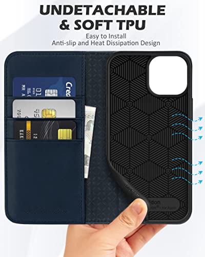 Shieldon Case For Iphone 13 Mini Genuine Leather Wallet Flip Magnetic Cover Rfid Blocking Card Holder Kickstand Shockproof Case Compatible With Iphone 13 Mini 5G (5.4 Inch, 2021 Release) - Navy Blue #TOP7