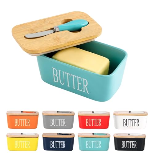 Porcelain butter Dish, European Size Ceramic Container with Wooden Lid Silicone Seal, Perfect for butter, Nuts, Cheese, 650ml