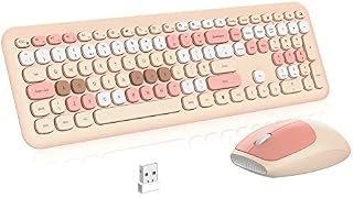 Wireless Keyboard Mouse Combo, PINKCAT QWERTY UK Full Size Ergonomic Keyboard and Mouse Set with Cute Round Keys Design & Stable Connection for Windows PC Laptop Computer (Milk Tea Pink)