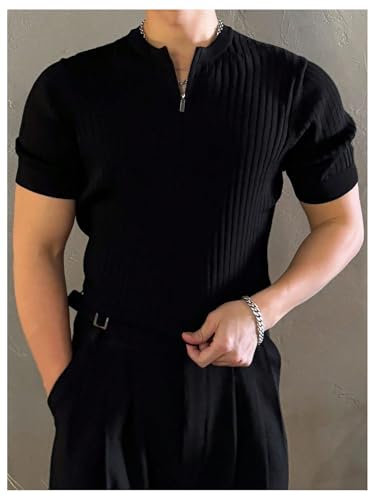 Men's 1/4 Zip Pullover Top Ribbed Short Sleeve Sweater Casual Knit Tops2