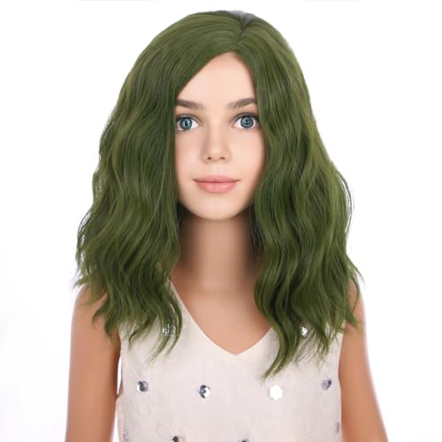 Image of PATTNIUM Olive Green Wig Dark Green Wig for Kids Girls Short Curly Wavy Green Wig Shoulder Length Wigs Synthetic Cosplay Wig with Wig Cap