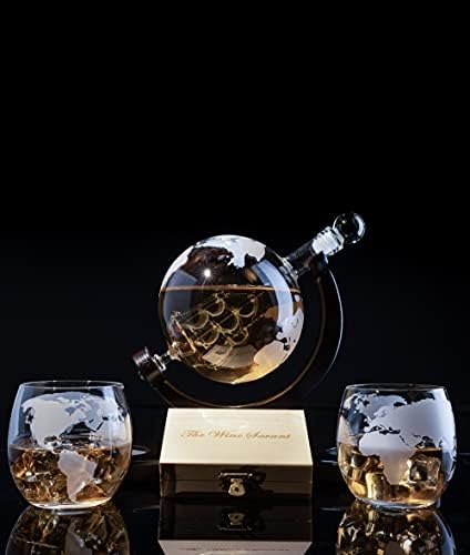 The Wine Savant Whiskey & Wine Decanter Globe World Set with Globe Glasses Anniversary Birthday House Warming for Liquor Scotch Bourbon Vodka, Gift for Him Husband, Gifts for Men Globe - 850ml