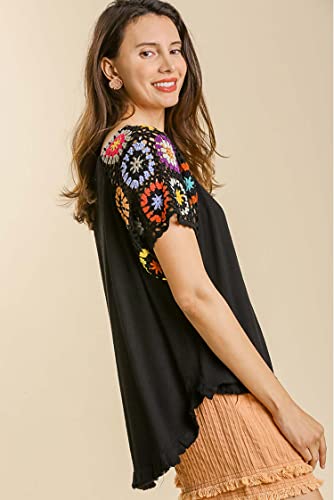 Umgee Womens Linen Blend Colorful Floral Crochet Detailed Short Sleeve Top (As1, Alpha, X_L, Regular, Regular, Black, X-Large) #TOP1