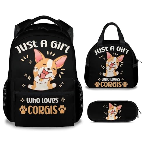 Corgi Backpack with Lunch Box - Set of 3 School Backpacks Matching Combo - Soft Portable Black Bookbag and Pencil Case Bundle