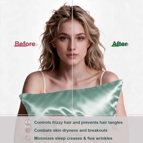 Image of LYSHIN Silk Pillow Cases Standard Size with Hidden Zipper, Sage Green | 19 Momme Mulberry Silk Pillowcase for Skin and Hair, Anti-Acne, Hypoallergenic, Cooling, Beauty Sleep, Gifts for Women