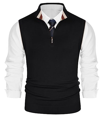 PJ PAUL JONES Mens Sweater Vest Quarter Zip Vest Sweater Stand Collar Contrast Stripes Pullover Knitwear Vest