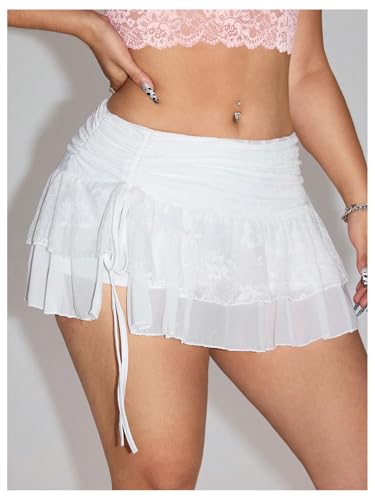 Verdusa Women's Plus Size Tiered Layered Lace Ruffle Skirt Slit Drawstring Mini Skirts3