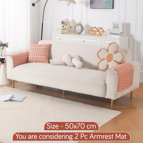 Image of HOKIPO Sofa Arm Cover with Tassel | 300 GSM Thick Cotton Acrylic Jacquard Armrest Mat, 50x70 cm, Pack of 2,'Trivana Series' Coral Orange (IN-931-J2*2)