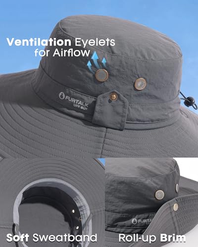 FURTALK Czapki przeciwsłoneczne dla mężczyzn kapelusz wędkarski UPF 80+ składany szeroki daszek outdoorowe wędrówki plaża letnie czapki, ciemnoszary, rozmiar uniwersalny