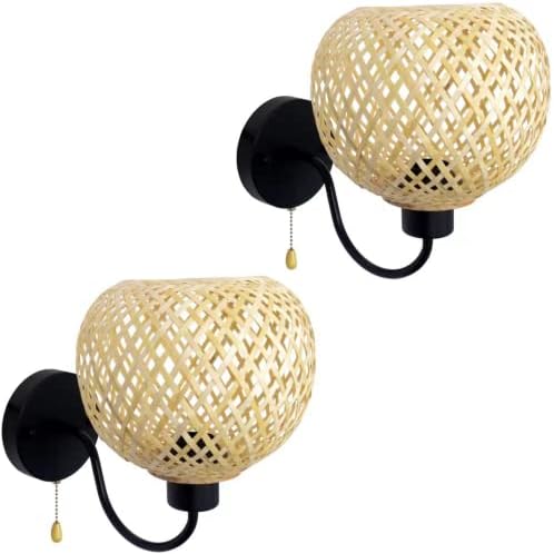 TRIVIDHA Rattan Bamboo Wall Sconce Handmade Wicker Wall Lamp Farmhouse Rustic Wall Lighting Iron Wall Lights Vintage Wall Mount Lighting E26 Bulb For Living Room Dining Room Bedroom Cafe - View #7