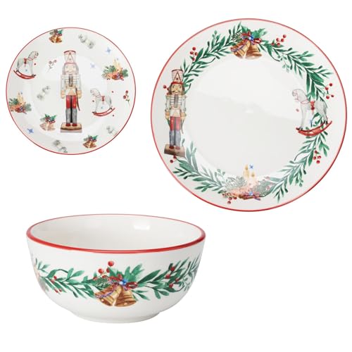 Carousel Home 3-Piece Nutcracker Christmas Plate Bowl & Side Plate | Ceramic Nutcracker Tableware Set | Vintage Ceramic Nutcracker Bowl & Plates for Festive Gatherings