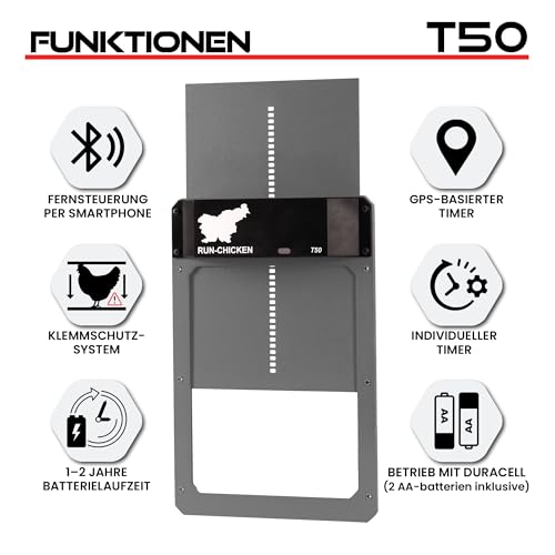 RUN-CHICKEN T50 Automatische Hühnerklappe, Grau – Aluminium, batteriebetrieben (2X AA), App-Steuerung, Lichtsensor & Timer mit Verzögerung, wetterfest – Hühnertür für Hühnerstall & Auslauf