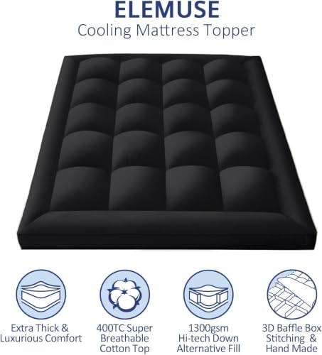 Image of ELEMUSE 1300gsm College Dorm Twin XL Extra Thick Mattress Topper | Overfilled PillowTop with Baffle Box Design, Hand Made 400TC Cotton Pad Cover,Plush Support Snow Down Alternative,Black