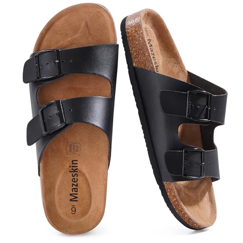 mazeskin Women's Genuine Leather Orthopedic Slide Sandals with Arch Support, Double Strap Summer Shoes with Adjustable Buckle and Comfortable Orthotic Footbed