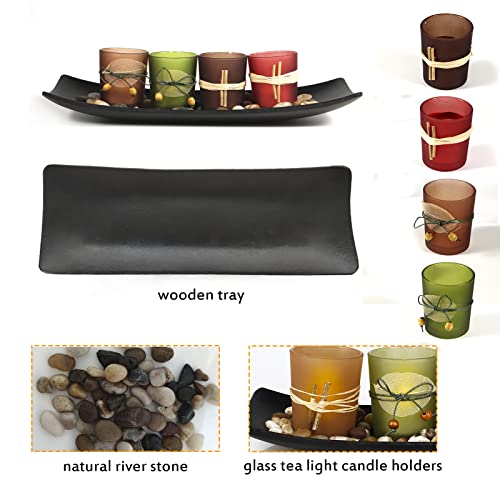 Homehigh Candle Holders Sets, Votive Candle Holders With Led , Tea Lights Holders, Natural Rocks And Wooden Tray, Decorative Home Accessories For Bedroom ,Living Room ,Bathroom ,Table,4Pcs #TOP6