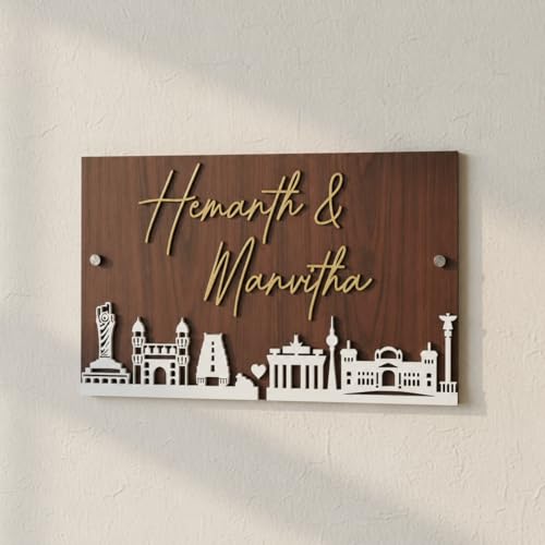 Image of Customized Wooden Name Plate for Home Entrance 12x7 Inch Rectangular Door Name Sign with Golden Acrylic Letters Personalized Couple Name Board Modern Decorative Wall Name Plate
