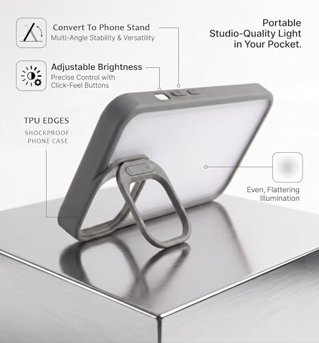 Image of amazon basics Frosted Matte Case for iPhone 17 | Built-in Flip-Out Camera Lens Stand | Translucent Back with Contrast Gray Bumper | Shockproof Protective Cover with Foldable Kickstand