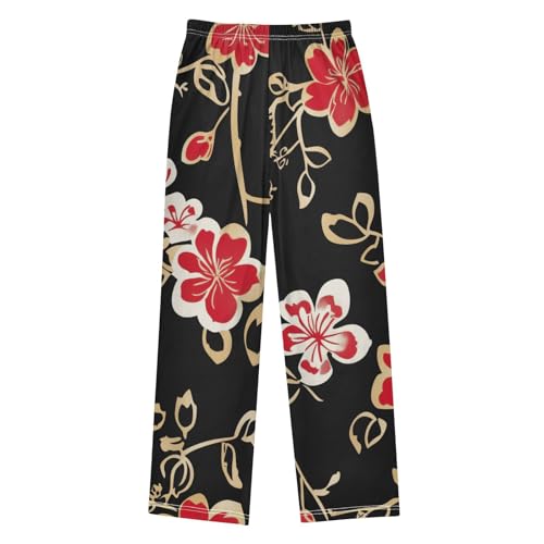 Plum Flowers and Leaves Boys Long Pants Soft Trousers Elastic Waist Kids Lounge Bottoms with Pockets S-XL2
