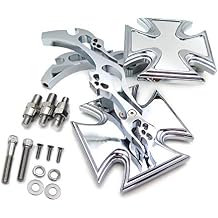 MT252-003+TTT003- Motorcycle Chromed Billet Custom Running Acrylic Mirrors Compatible with H-D Dyna Wide Glide Maltese Cross Emblem Flame Style