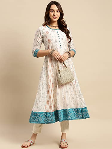 Image of rangita Off White Chanderi Calf Length Printed Flared Kurti for Women | Kurta for Women