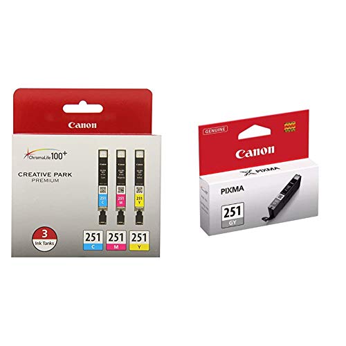 Canon CLI-251 3 Pack Cyan,Magenta,Yellow Ink, Compatible to MX922,MG7520,MG7120,MG6620,MG5620,iP8720,MG6420,MG6320 and MG5420 & CLI-251 Gray Ink