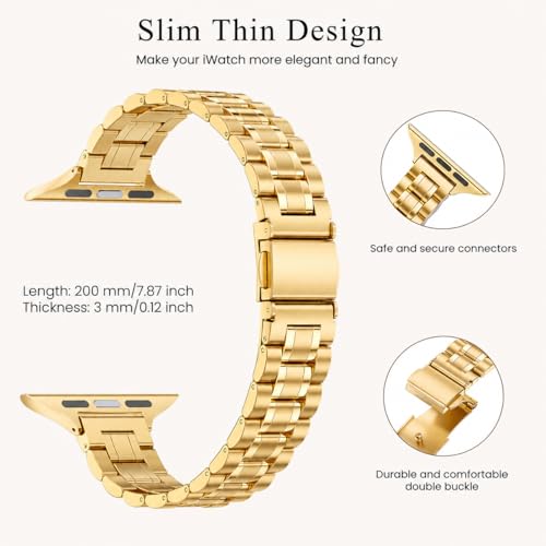Image of STIROLL Thin Replacement Band Compatible for Apple Watch 49mm 46mm 45mm 44mm 42mm(Series 3 2 1), Stainless Steel Metal Wristband Women Men for iWatch Ultra SE Series 11 10 9 8 7 6 5 4, Gold (no case)