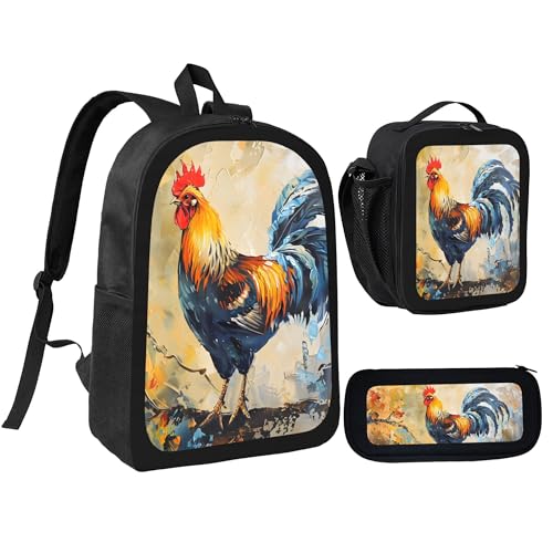 Animal Chicken Oil Painting 3 Pcs 17 Inches Backpack Set With Insulated Lunch Bag And Pencil Pouch Large Back Pack For Men Women Lunchbox Pencil Case Waterproof Backpacks Lunch Box 3 Piece Daypacks