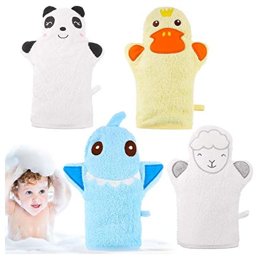 4 Pièces Gants de Bain pour Bébé Gants de Débarbouillettes de Conçu dans un Joli Style Animal Mignon Serviette en Coton Mouton Panda Requin Canard Jaune Gommage Doux pour Bain et Douche Bébé