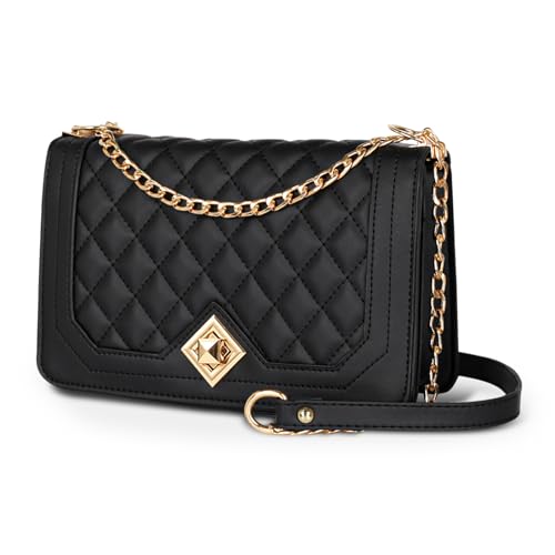 EXTREE Quilted Crossbody Bag, Trendy Design Shoulder Purse B011-black-gold-chain