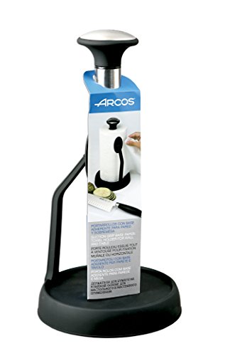 Arcos Accesorios - Portarrollos de Cocina con Base Adherente para pegar en pared o sobremesa - Estructura hecha de Acero Inoxidable y ABS - Color Negro