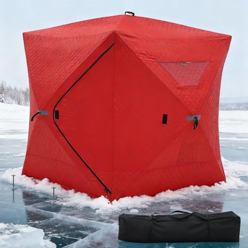 Red GarveeTech 2-3 person pop-up shelter on ice — its 24.4 lb weight proves the light footprint for a pair