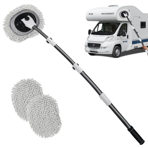 EAFC Telescopic Car Wash Brush (55.9”) with 2 Chenille Microfiber Heads – Curved Non-Scratch Cleaning Mop for Car, Van, RV, Trailer, Caravan & Home Cleaning