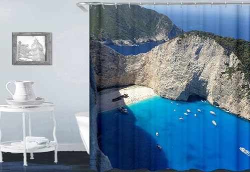 Musihy Cortina de ducha de poliéster, azul y gris, montaña y mar, cortina de ducha de tela para baño, 120 x 180 cm