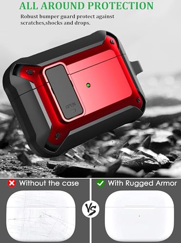 Image of Olytop for Airpods Pro 3 Case with Magnetic Automatic Lock, Rugged Apple Airpods Pro 3rd Generation Cover 2025, Armor Shockproof iPod Pro3 Gen Protective Shell with Carabiner&Cleaner kit, Black /Red